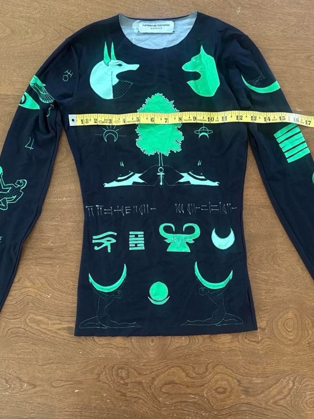 Marine Serre Black Long-Sleeve Tee with Neon Green Graphic Motifs